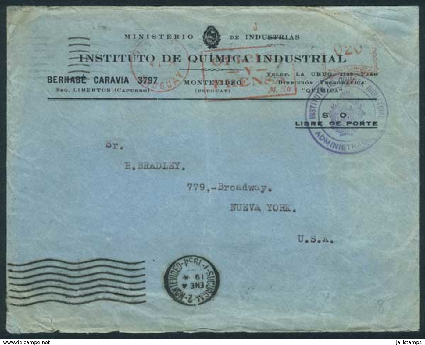 URUGUAY: Cover Of The Industrial Chemistry Institute Sent To USA On 4/JA/1934, Meter Postage Of 20c. With Inscription "O - Uruguay