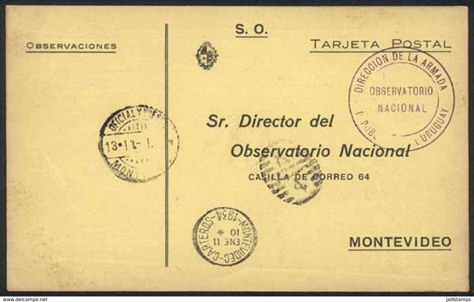 URUGUAY: Card Of The National Meteorological Service Sent Stampless To Montevideo On 11/JA/1934, Handstamped "OFICIAL Y  - Uruguay