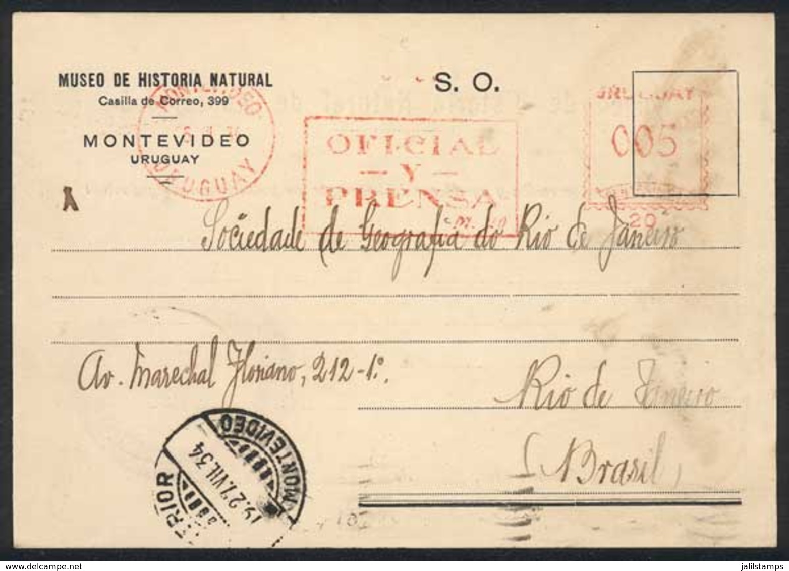 URUGUAY: Card Of The Museum Of Natural History Sent To Brazil On 25/JUL/1934 With Meter Postage Of 5c. Along "OFICIAL Y  - Uruguay