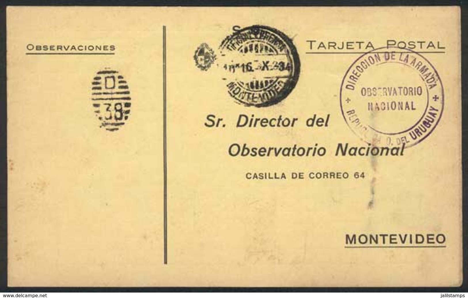 URUGUAY: Card Of The National Meteorological Service Sent Stampless To Montevideo On 16/OC/1934, Handstamped "OFICIAL Y  - Uruguay