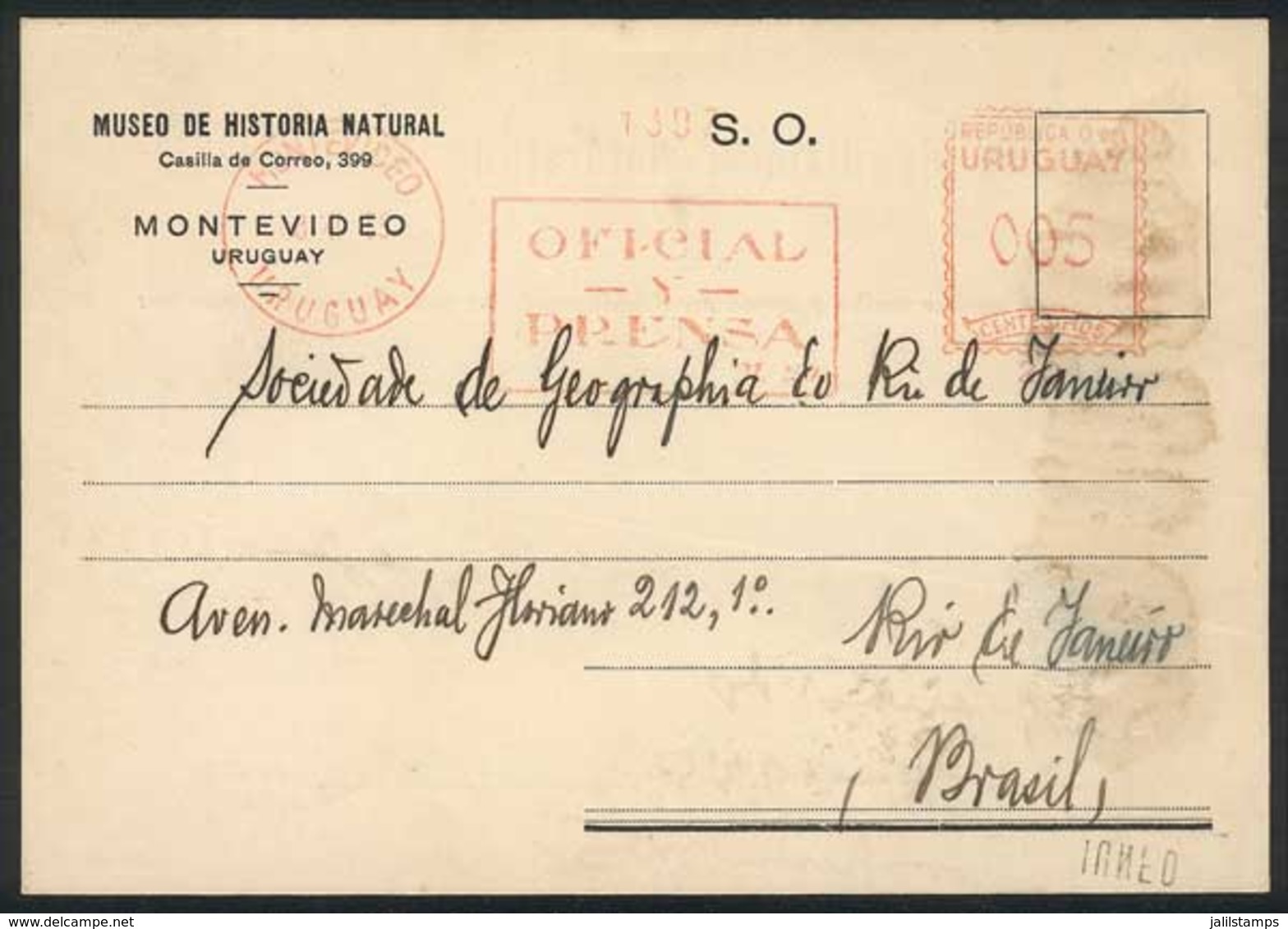 URUGUAY: Card Of The Museum Of Natural History Sent To Brazil On 28/NO/1935, With Meter Postage Of 5c. Along "OFICIAL Y  - Uruguay