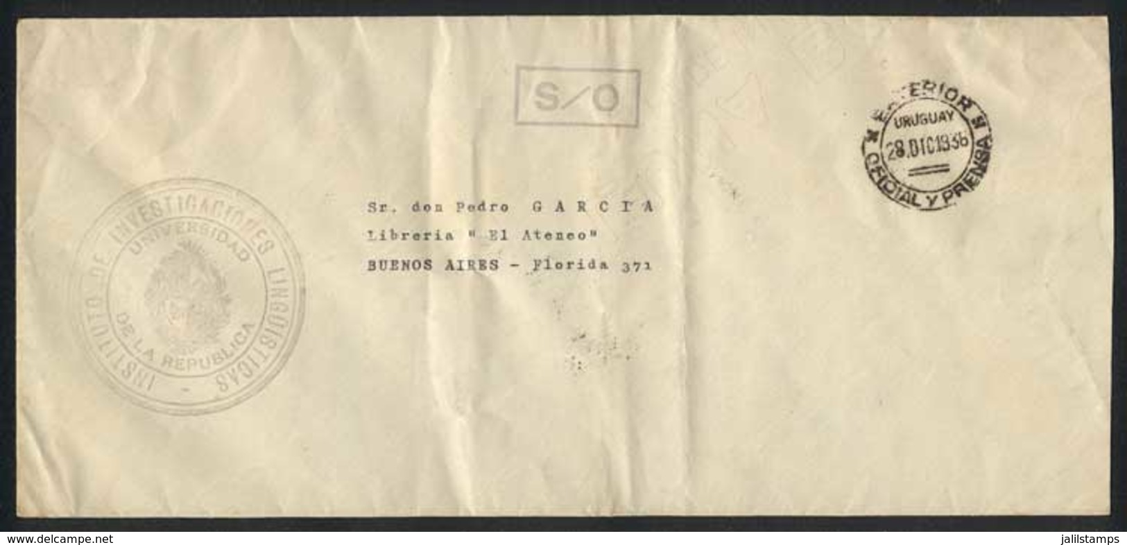 URUGUAY: Cover Of The Institute Of Linguistics Sent Stampless To Buenos Aires On 28/DE/1936, Datestamped "EXTERIOR - OFI - Uruguay