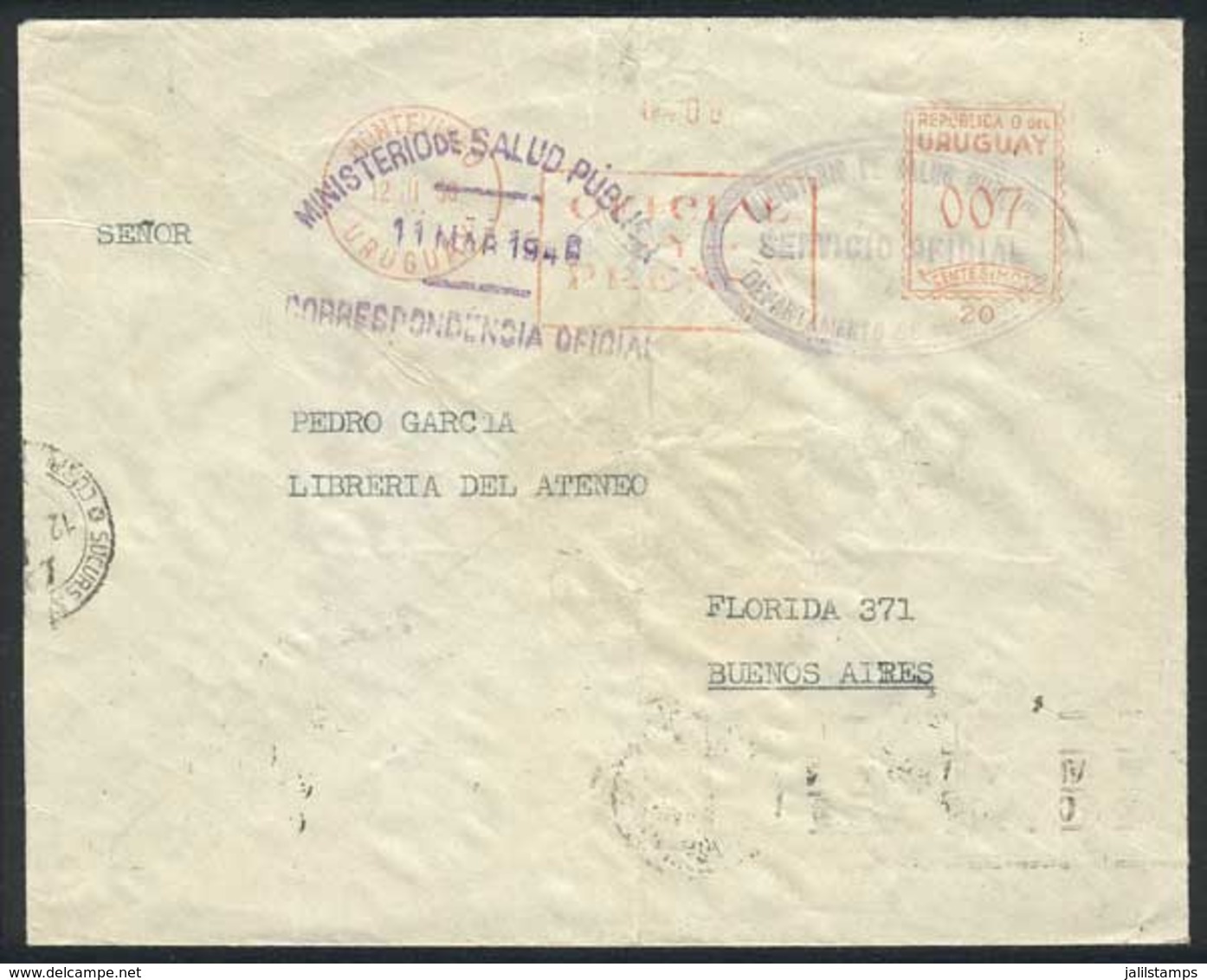 URUGUAY: Cover Of The Ministry Of Public Health Sent To Argentina On 12/MAR/1936, Meter Postage Of 7c. With Inscription  - Uruguay