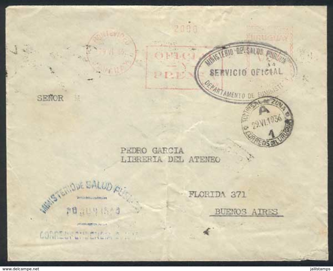 URUGUAY: Cover Of The Ministry Of Public Health Sent To Argentina On 29/JUN/1936, Datestamped "SUCURSAL DE ZONA - A1 - M - Uruguay