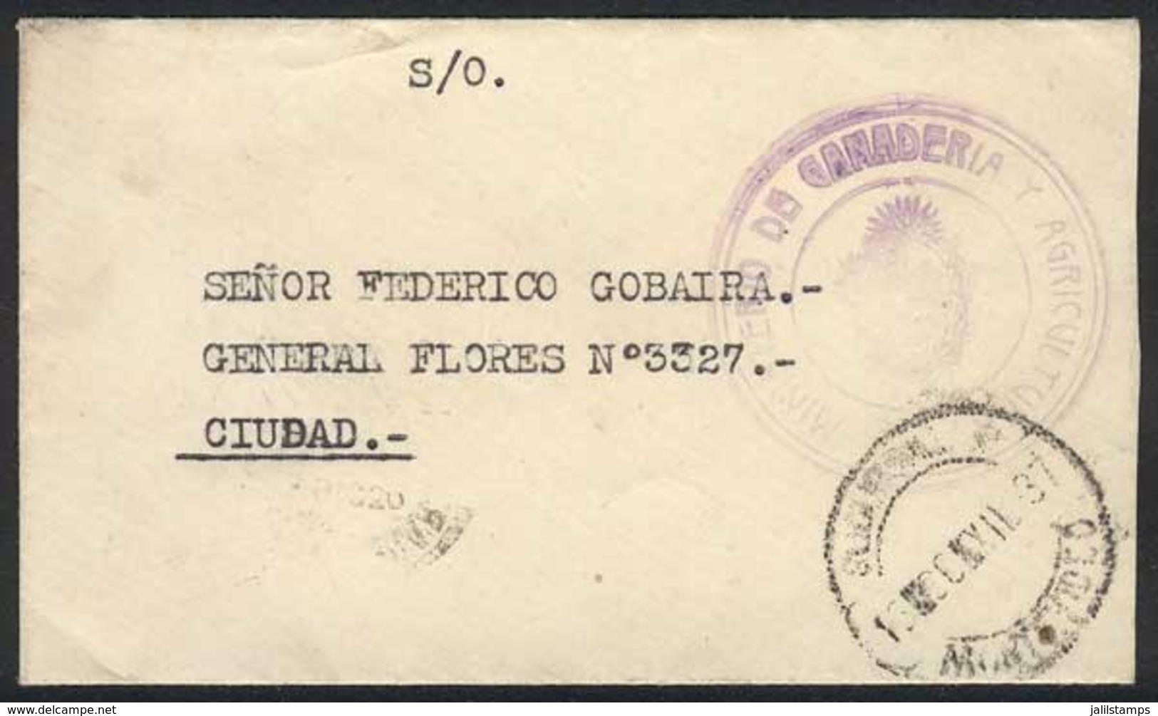 URUGUAY: Small Cover Of The Ministry Of Agriculture Used Stampless In Montevideo On 30/DE/1937 By Official Mail, VF Qual - Uruguay