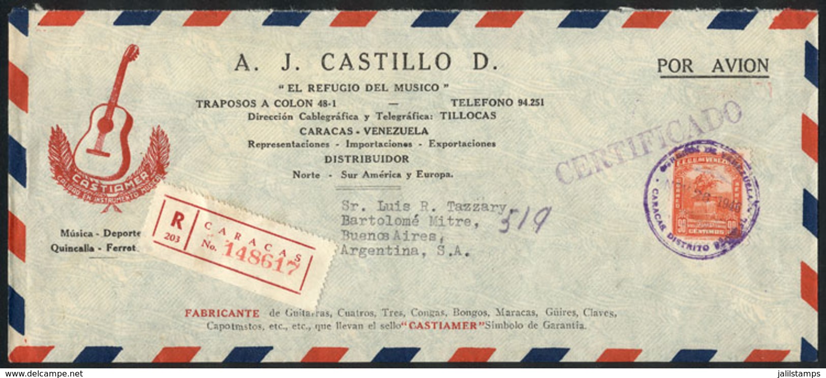 VENEZUELA: Cover Franked With 90c., Sent From Caracas To Argentina On 26/NO/1946, With Advertising Cachet Topic Music: G - Venezuela