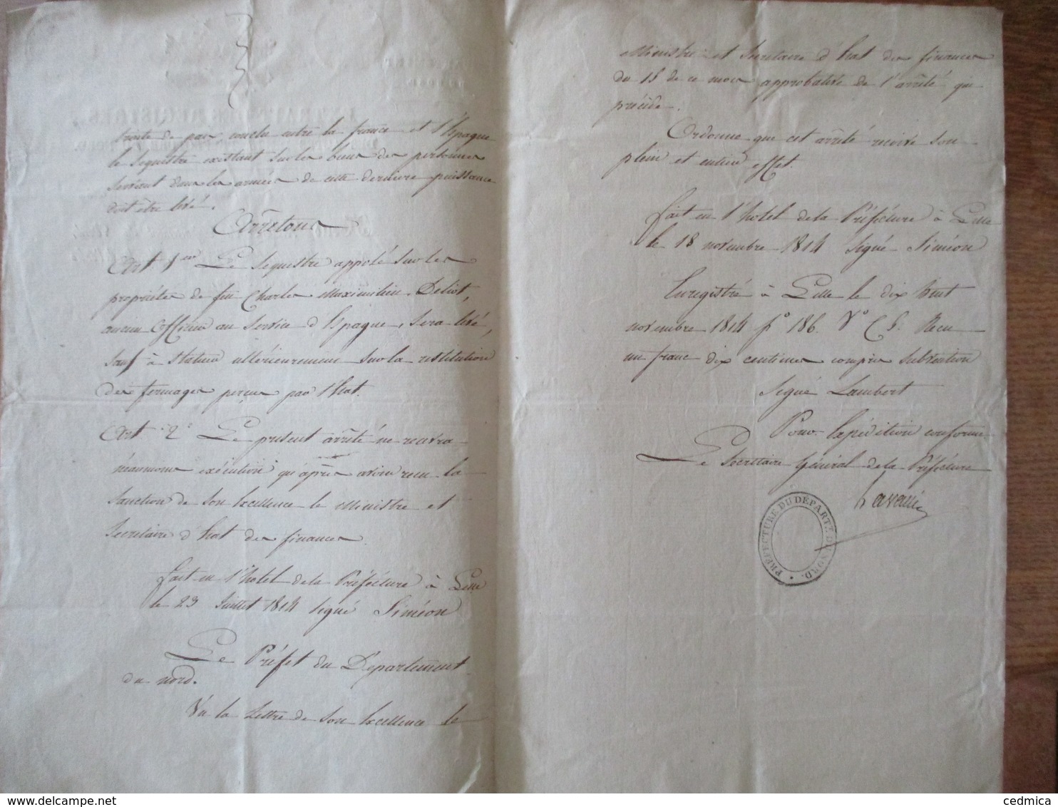 23 JUILLET 1814 EXTRAIT DES REGISTRES DES ACTES DE LA PREFECTURE DU NORD LILLE FEU CHARLES DELIOT ANCIEN OFFICIER AU SER - Manuscripts