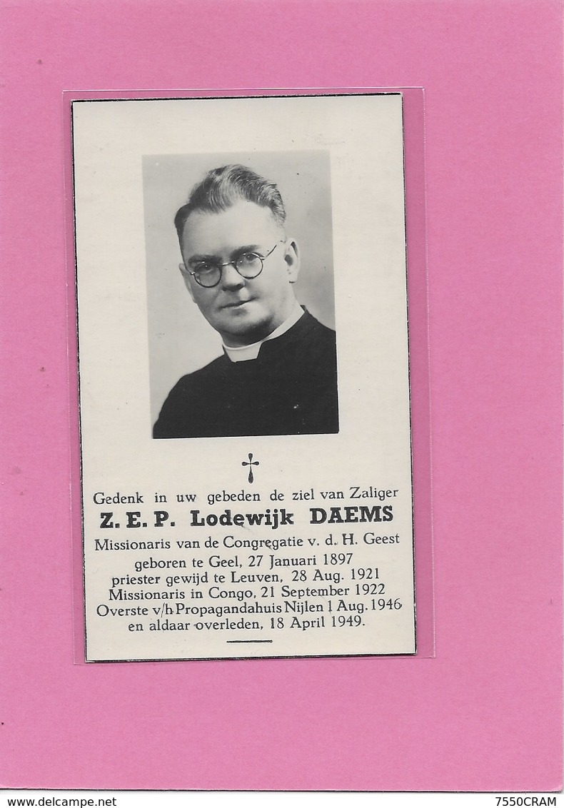 Z,E,P, LODEWIJK DAEMS-PRIESTER -GEEL-LEUVEN-CONGO-NIJLEN-MISSIONARIS - Décès