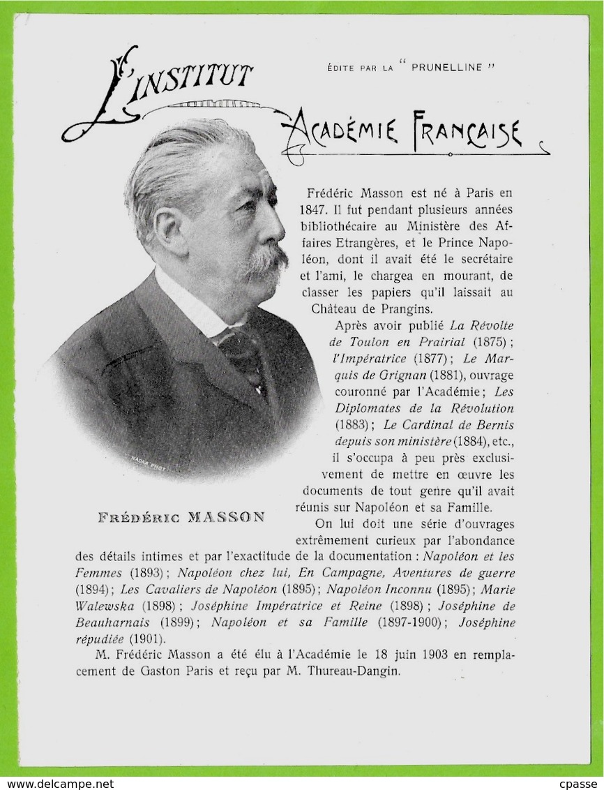 Frédéric MASSON Historien - ACADEMIE FRANCAISE - Feuillet Publicitaire PRUNELLINE 69 Villefranche - Unclassified