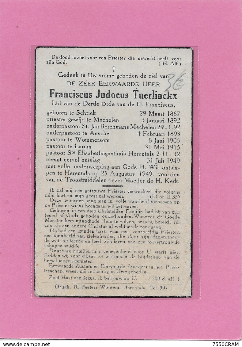 PRIESTER-FRANCISCUS JUDOCUS TUERLINCKX-GEEL-SCHRIEK-MECHELEN-ASSCHE-ASSE-WOMMERSOM-LARUM-HERENTALS - Décès