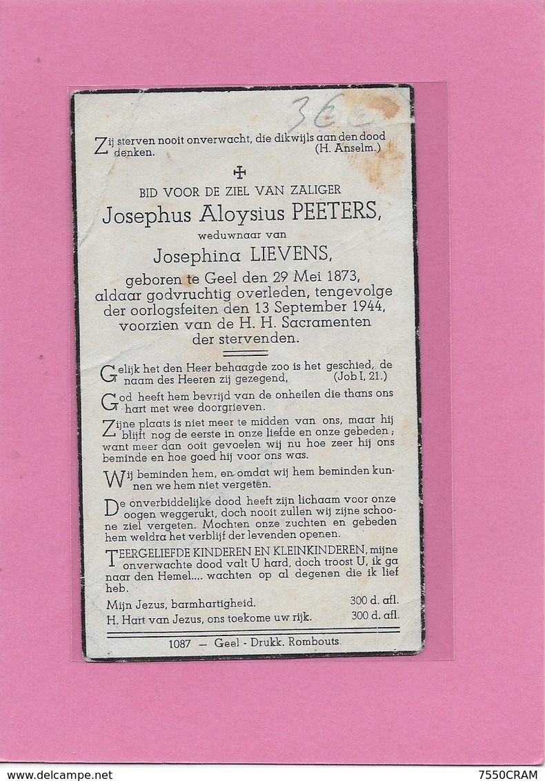 JOSEPHUS ALOYSIUS PEETERS -GHEEL- GEEL-OORLOG 1940-45-OORLOGSFEITEN - Obituary Notices