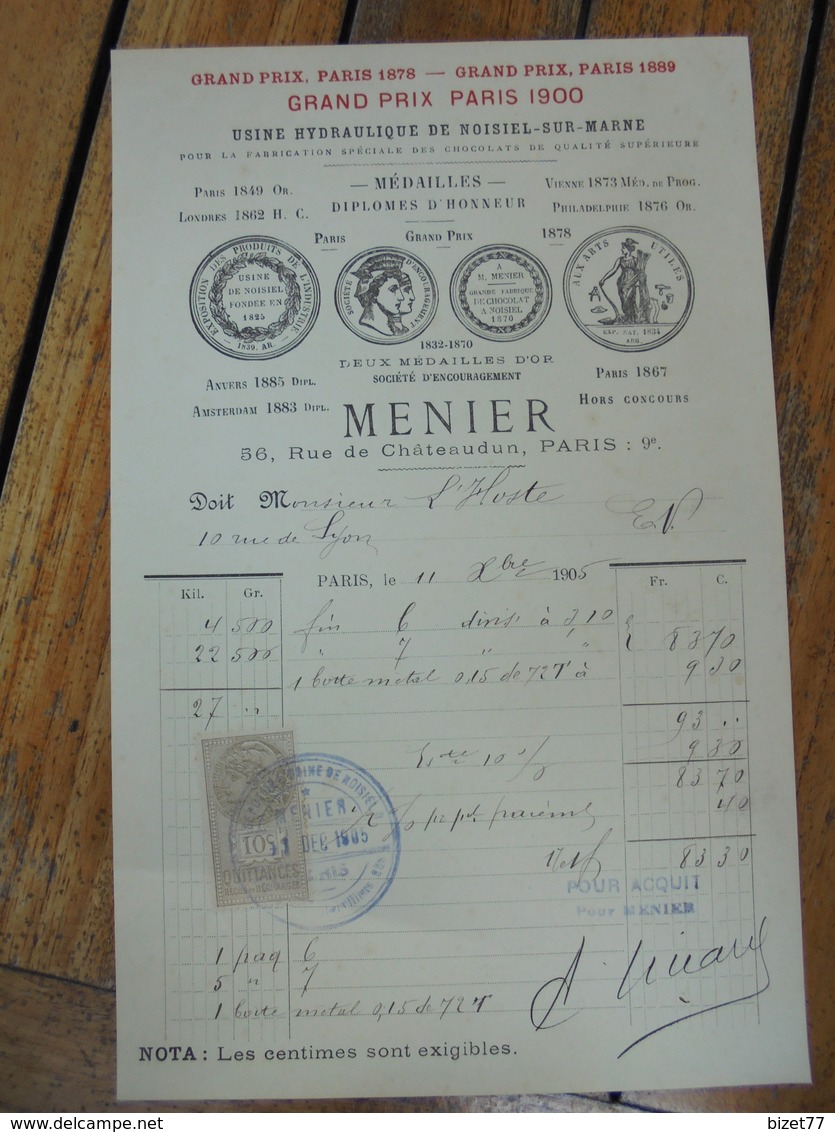 CHOCOLAT MENIER - NOISIEL SUR MARNE Et 56 RUE DE CHATEAUDIN, 9eme - FACTURETTE - Other & Unclassified