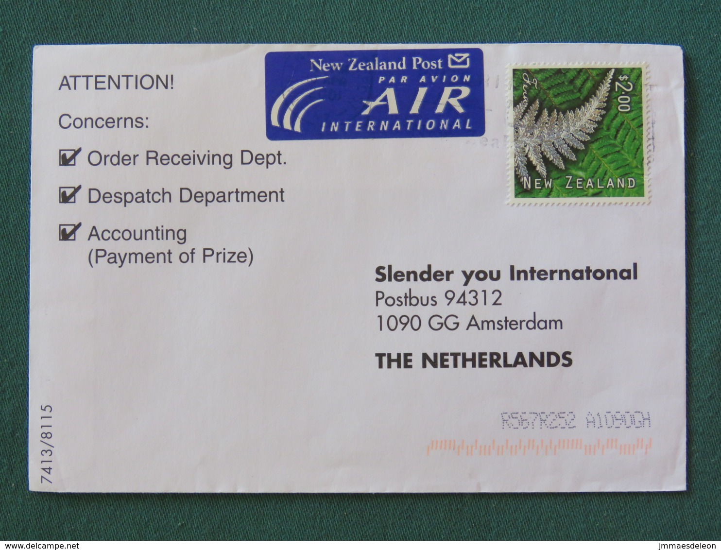 New Zealand 2001 Cover To Holland - Fern - Covers & Documents