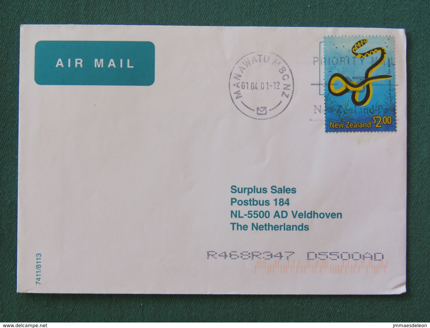 New Zealand 2001 Cover To Holland - Marine Snake - Cartas & Documentos