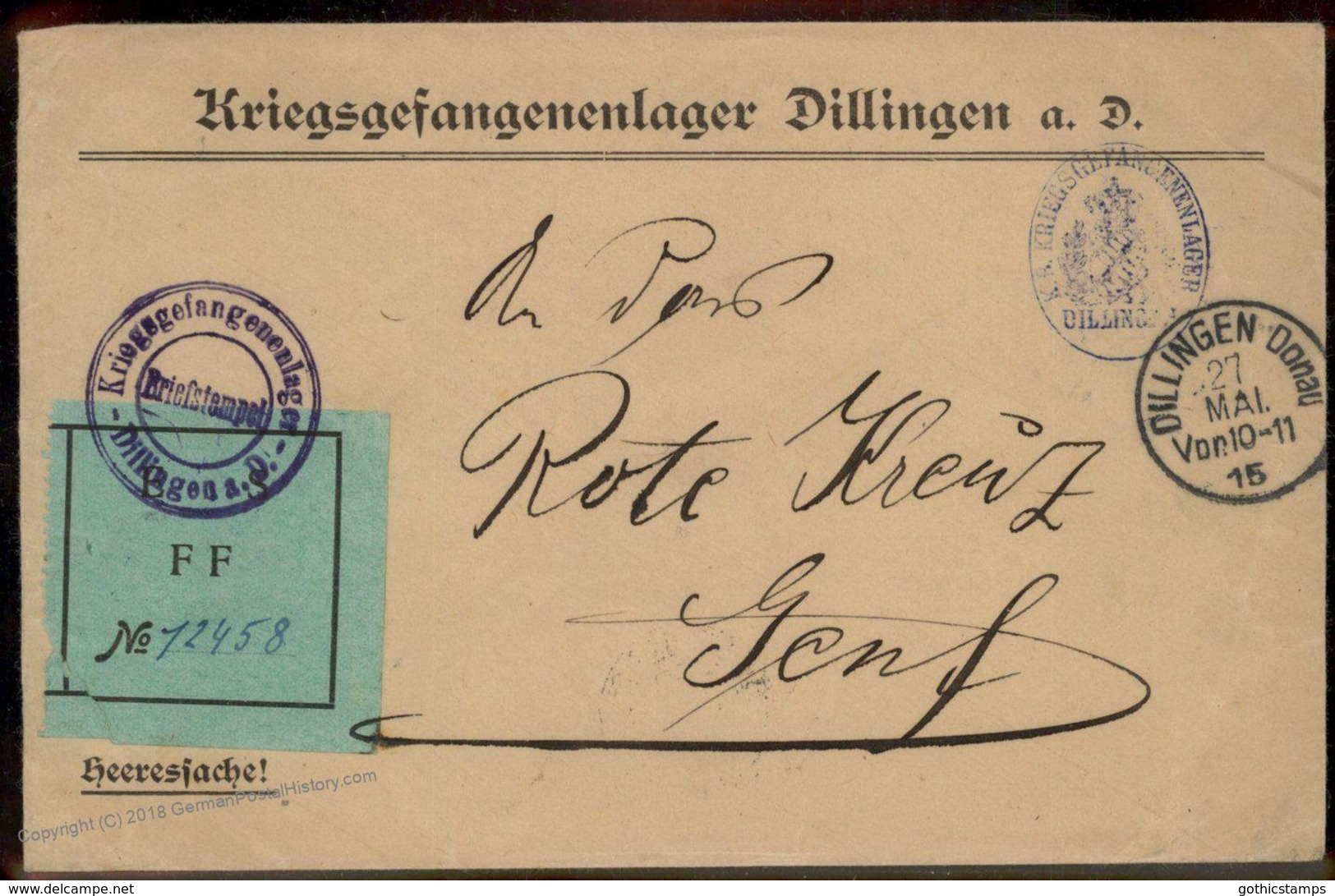 Germany 1915 WWI Dillingen POW Camp Unusual ES FFA Label Switzerland Red C 93002 - Sonstige & Ohne Zuordnung