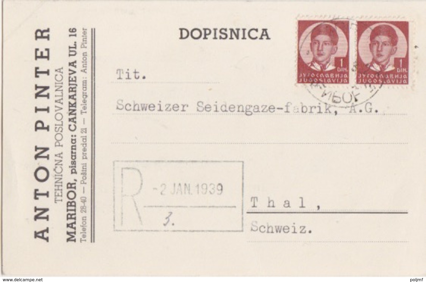 Yougoslavie, Carte Pré-imprimée (Anton Pinter), Obl Maribor Le 30 XII 38 Sur TP N° 280 X 2 Pour La Suisse - Covers & Documents