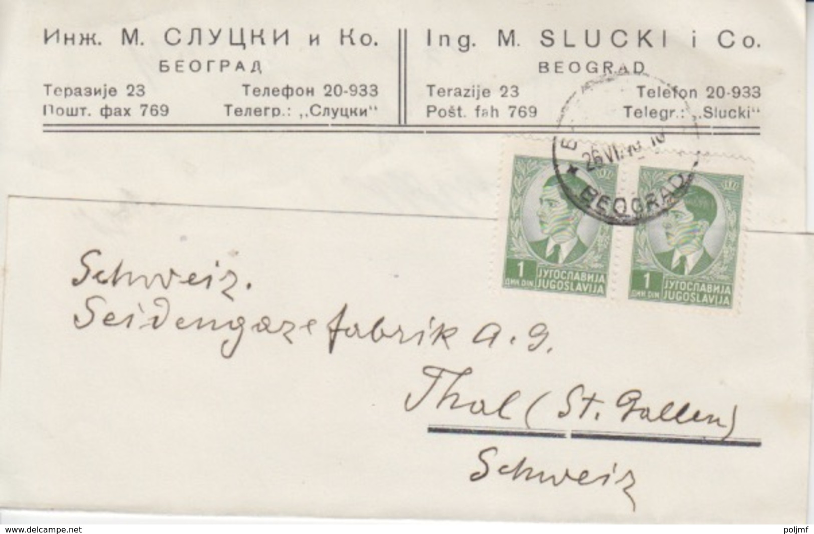 Yougoslavie, Carte Pré-imprimée (M. Slucki), Obl Beograd Le 26 VI 40 Sur TP N° 359 X 2 Pour La Suisse - Covers & Documents