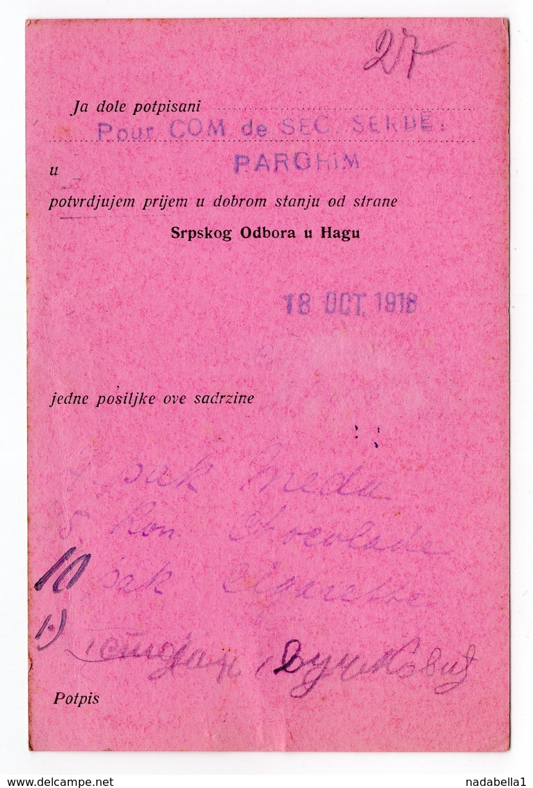 18.10.1918. WWI, GERMANY, CAMP DE PARCHIM TO HAAG, HOLLAND, POW WWI, RED CROSS SERBIAN SECTION HAAG - Covers & Documents