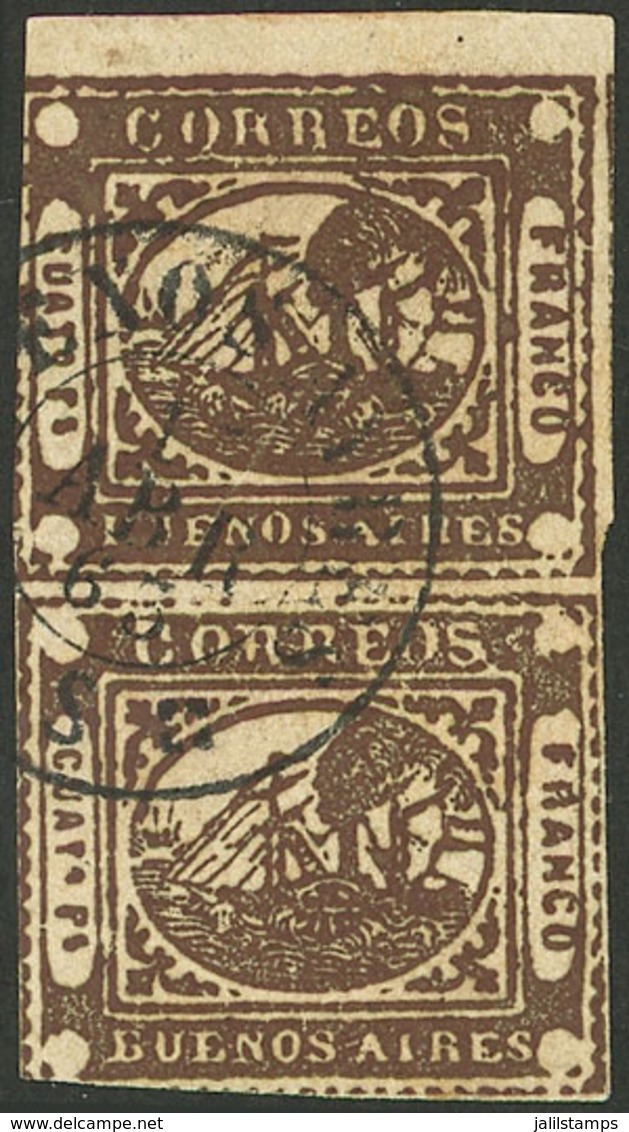 ARGENTINA: GJ.9A, 4 Reales Dark Chocolate, Oily Impression, Fantastic Vertical Pair With Types 4 And 12, With Top Sheet  - Buenos Aires (1858-1864)