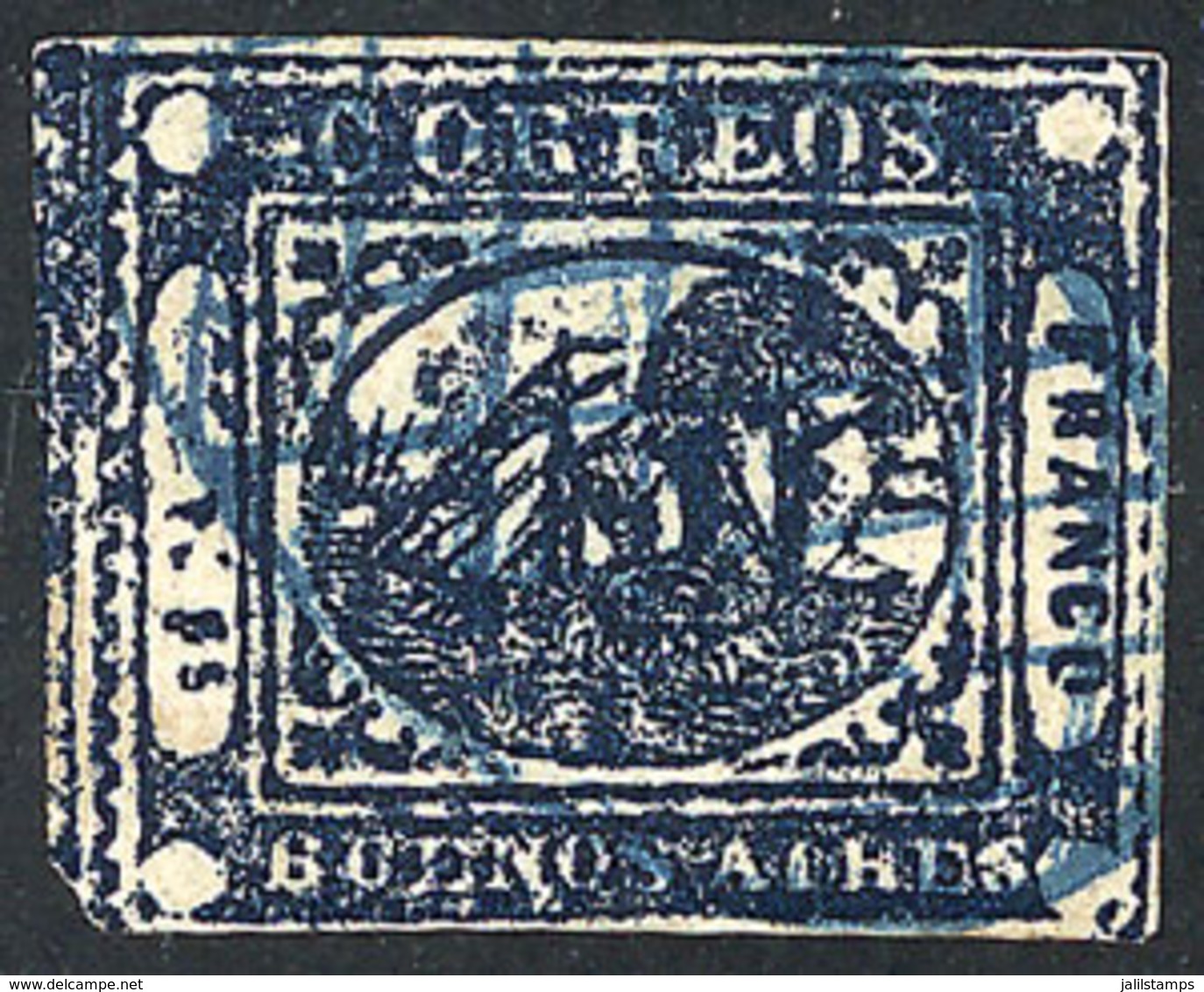 ARGENTINA: GJ.12A, To Rs. Dark Blue, With Mute Grid Cancel In Blue, Handsome! - Buenos Aires (1858-1864)