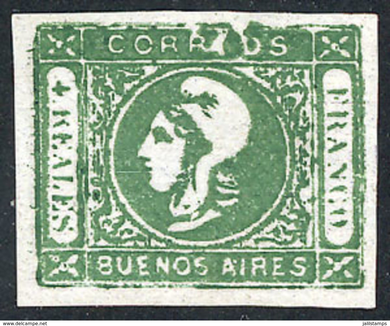 ARGENTINA: GJ.16e, 4R. Green, Worn Impression, With Variety: Top Inscription And Frame Interrupted", Mint, Superb And Ra - Buenos Aires (1858-1864)