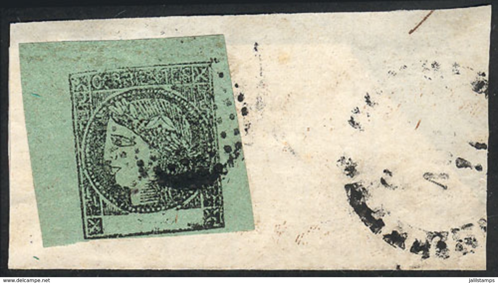 ARGENTINA: GJ.4, Yellow-green, Tied On Fragment By Dotted Cancel Along Rimless Datestamp, Both Of Corrientes, Very Fine  - Corrientes (1856-1880)