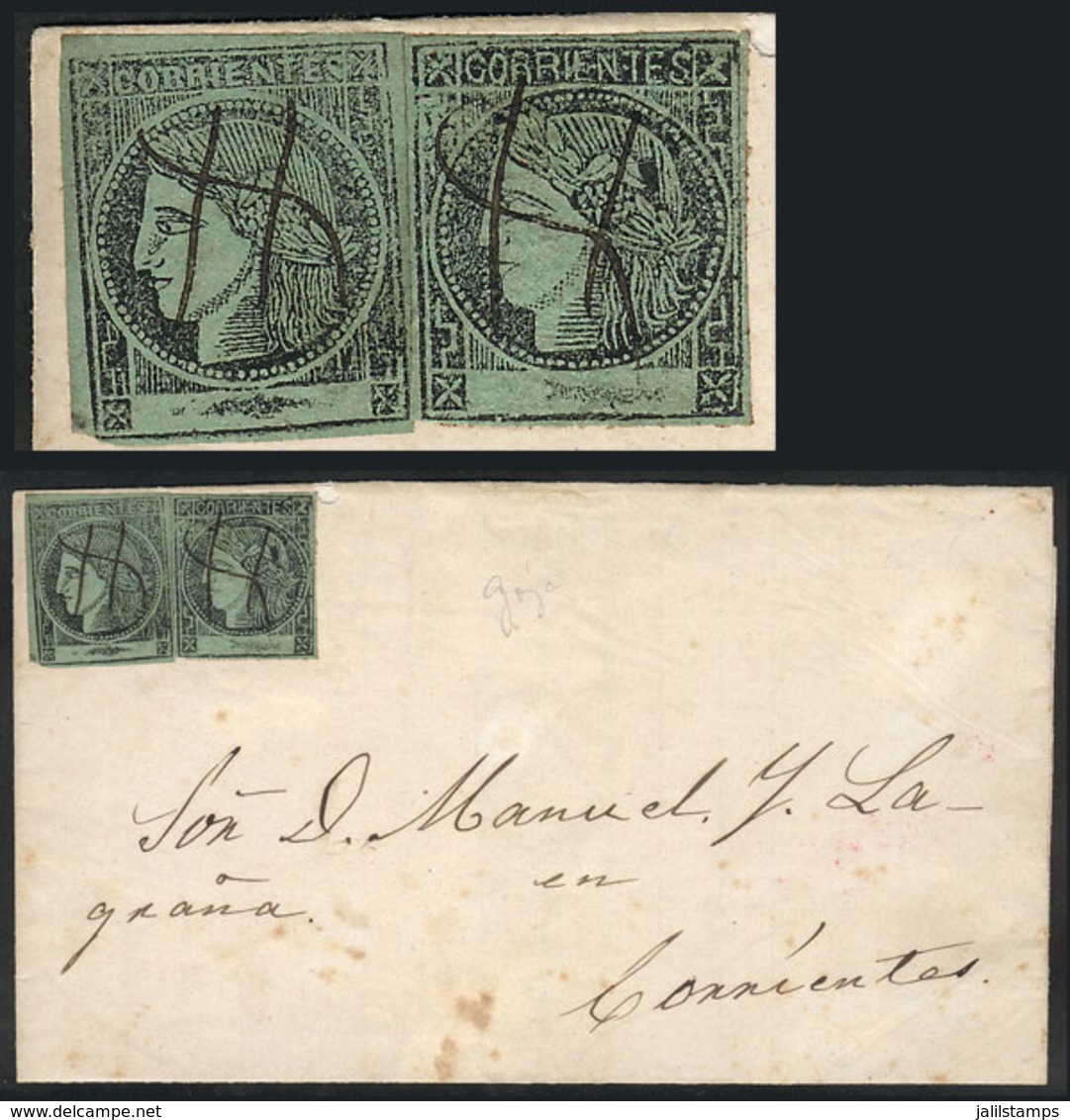 ARGENTINA: GJ.4, Yellow-green, 2 Examples Franking A Folded Cover Sent From Goya To Corrientes, Both With Typical Pen Ca - Corrientes (1856-1880)