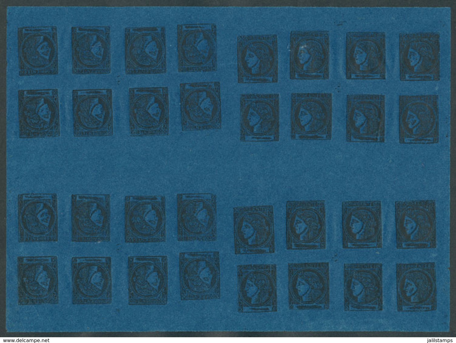 ARGENTINA: GJ.7, Dark Blue, COMPLETE SHEET Of 32 Examples In 4 Groups With The 8 Types, Composition 2, Disposition IV. I - Corrientes (1856-1880)