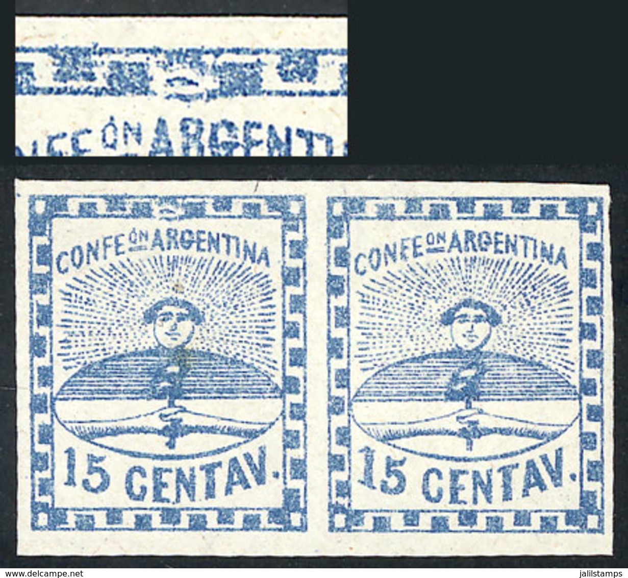 ARGENTINA: GJ.3i, 15c. Blue, Pair, The Left Stamp With Variety "plate Flaw Between The 2nd And 3rd Link Of The Top Frame - Storia Postale