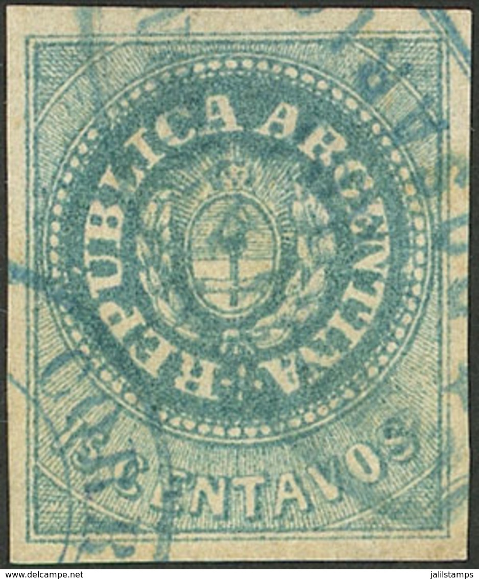 ARGENTINA: GJ.9, 15c. Green-blue, Wide Margins, With 2 Cancels Of Rosario: Datestamp + Ellipse, Excellent! - Used Stamps