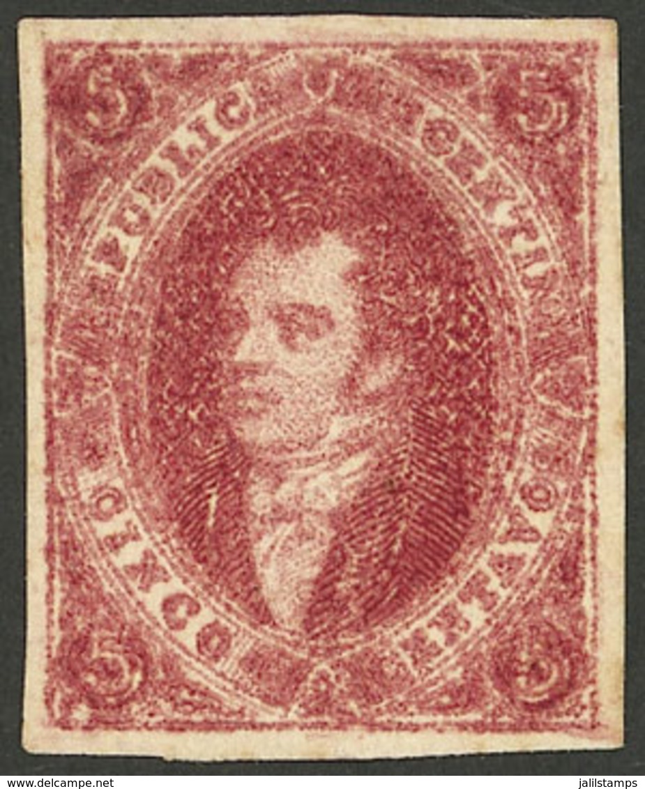 ARGENTINA: GJ.E23, 1866 Proof Of 5th Printing, Dark Carmine, "quadrille" Paper (ribbed In Both Directions), Excellent Qu - Unused Stamps