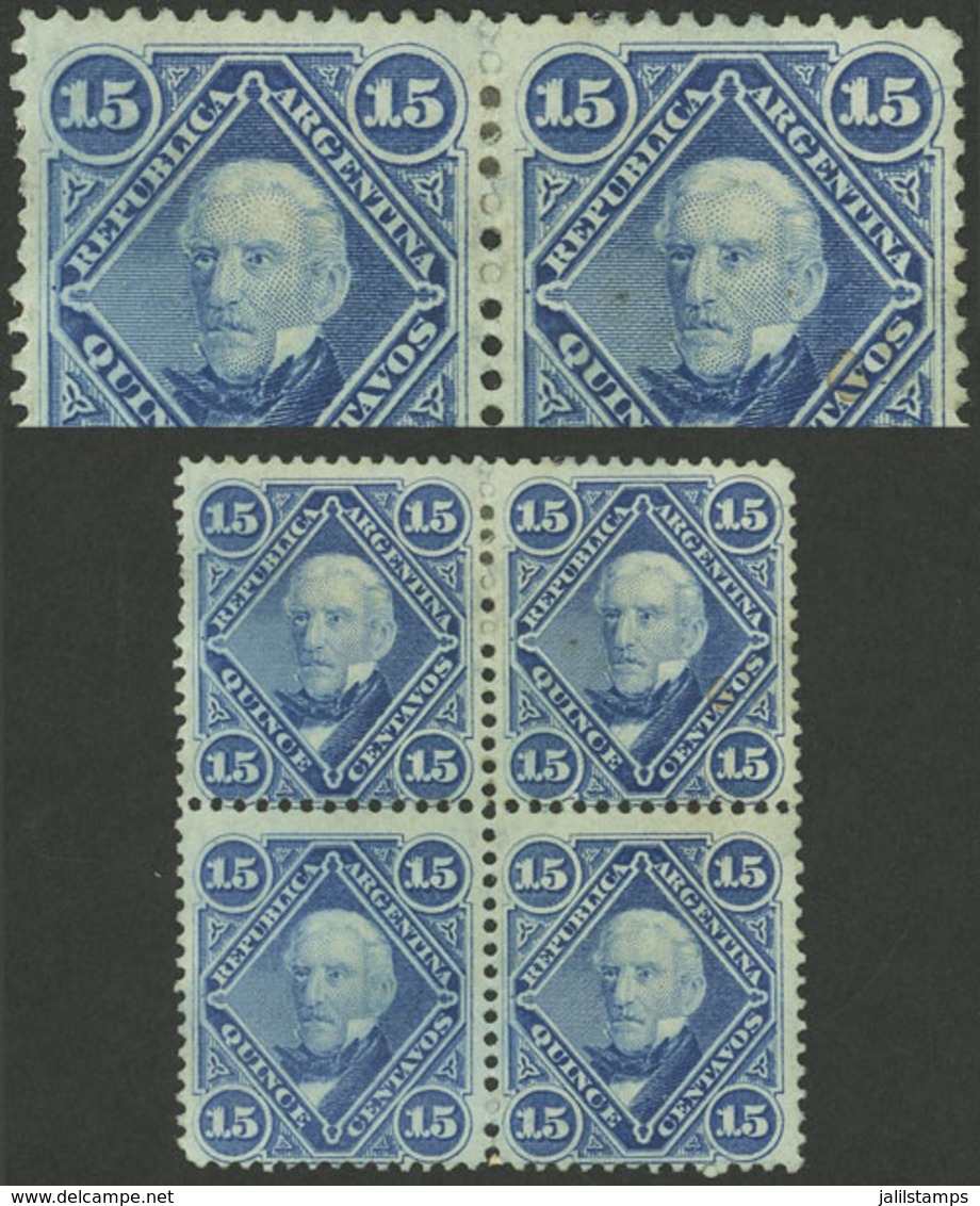 ARGENTINA: GJ.40 + 41, 1867/73 San Martín 15c. Light Blue With Groundwork Of CROSSED Lines In An Intermediate State Betw - Unused Stamps