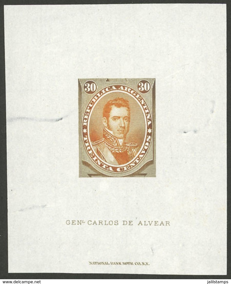 ARGENTINA: GJ.42, 1867 30c. Alvear, Die Proof By The National Bank Note Co. Printed On Thin Paper, With Some Small Defec - Unused Stamps