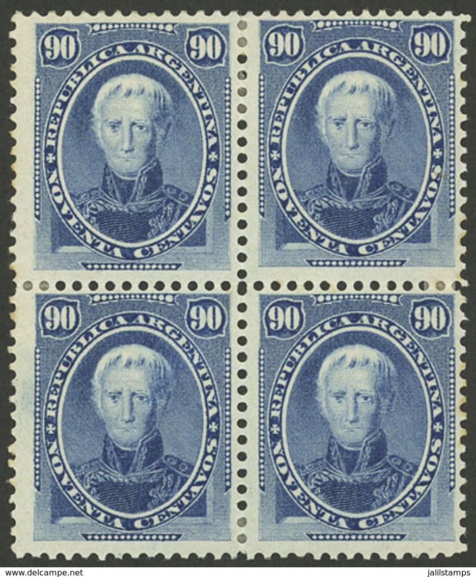 ARGENTINA: GJ.44, 1867/73 Saavedra 90c., Splendid Block Of 4, Mint With Original Gum, Very Rare! - Unused Stamps