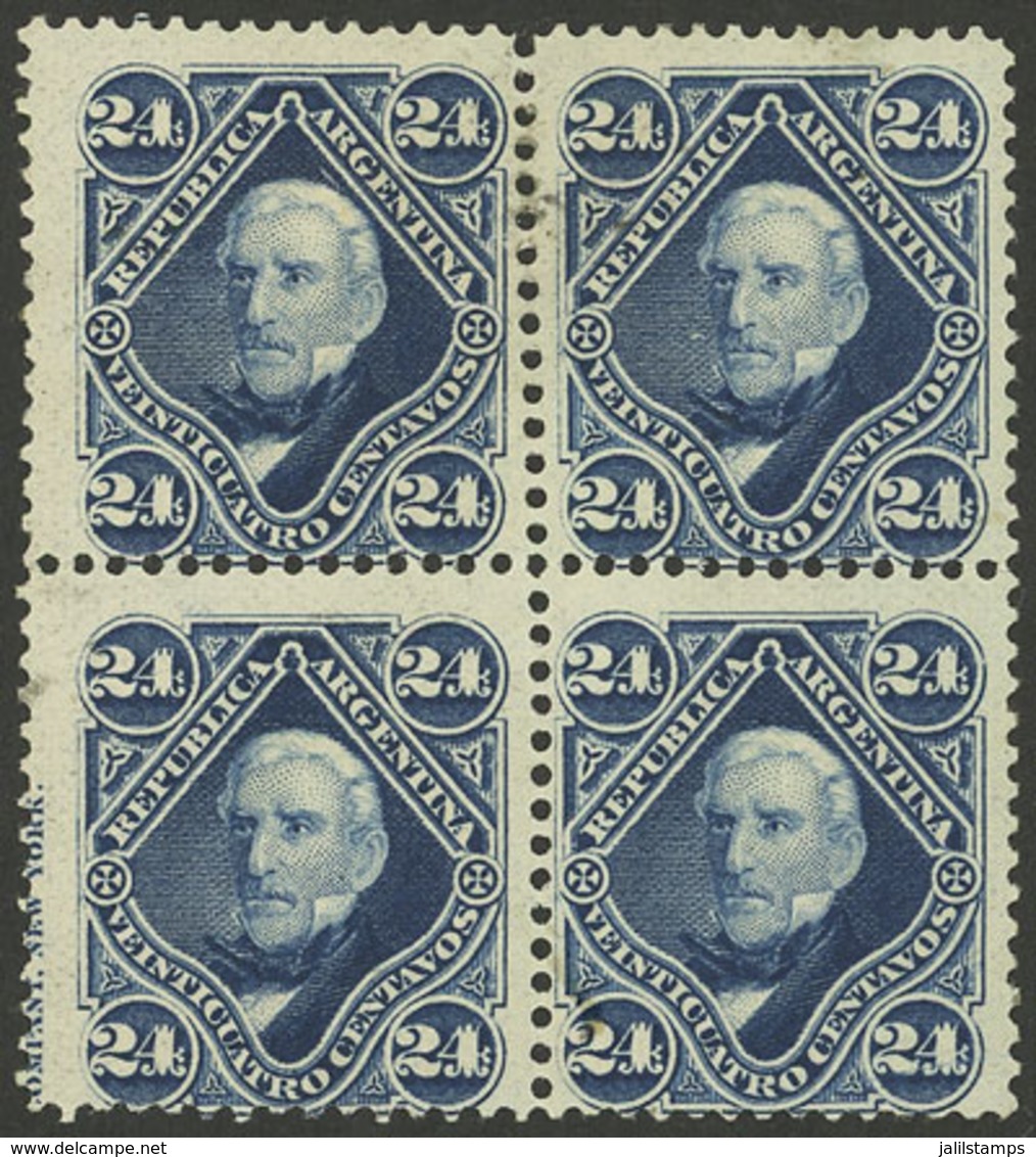 ARGENTINA: GJ.55, 1877 San Martín 24c., Fantastic Block Of 4, Mint With Full Original Gum, 3 Examples MNH And 1 With Tin - Unused Stamps