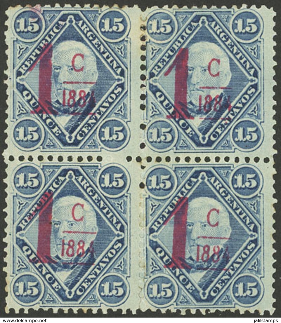 ARGENTINA: GJ.70, 1884 1c. On 15c. Groundwork Of Horizontal Lines, Carmine-rose Overprint, BLOCK OF 4, MINT With Origina - Nuovi