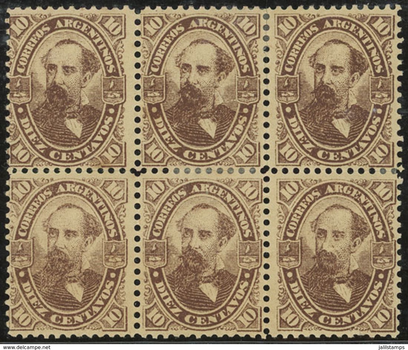 ARGENTINA: GJ.87, 1888 Avellaneda 10c., Fantastic Block Of 6 Mint With Full Original Gum, A Few Perforations Separated,  - Unused Stamps