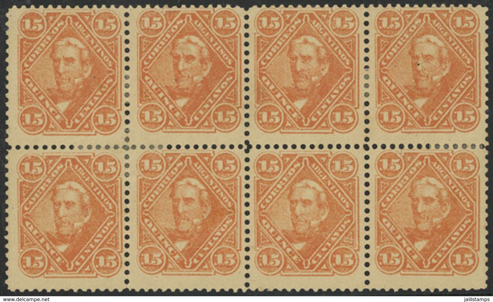 ARGENTINA: GJ.88, 1888 San Martín 15c., Block Of 8, Mint With Original Gum, Very Fresh And Attractive, With Some Fragile - Unused Stamps