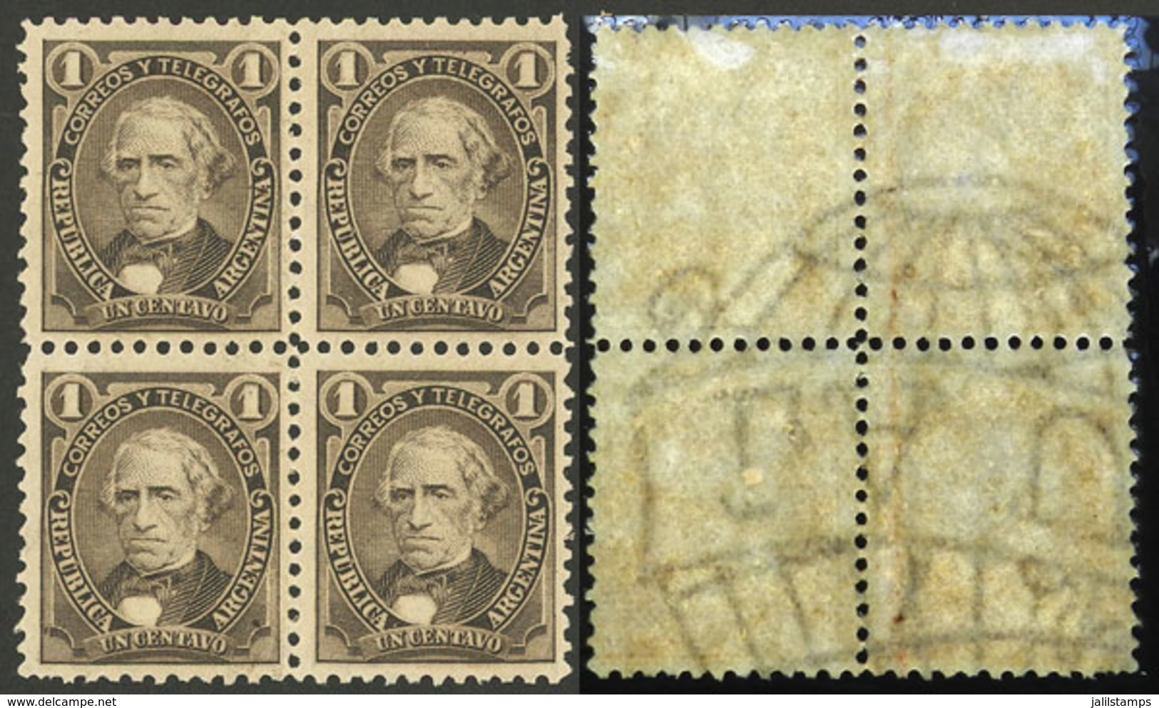 ARGENTINA: GJ.99, 1c. Velez Sarsfield, Block Of 4 WITH Globes Watermark In The 4 Stamps, MNH (+50%), Superb And Rare, Lo - Nuovi