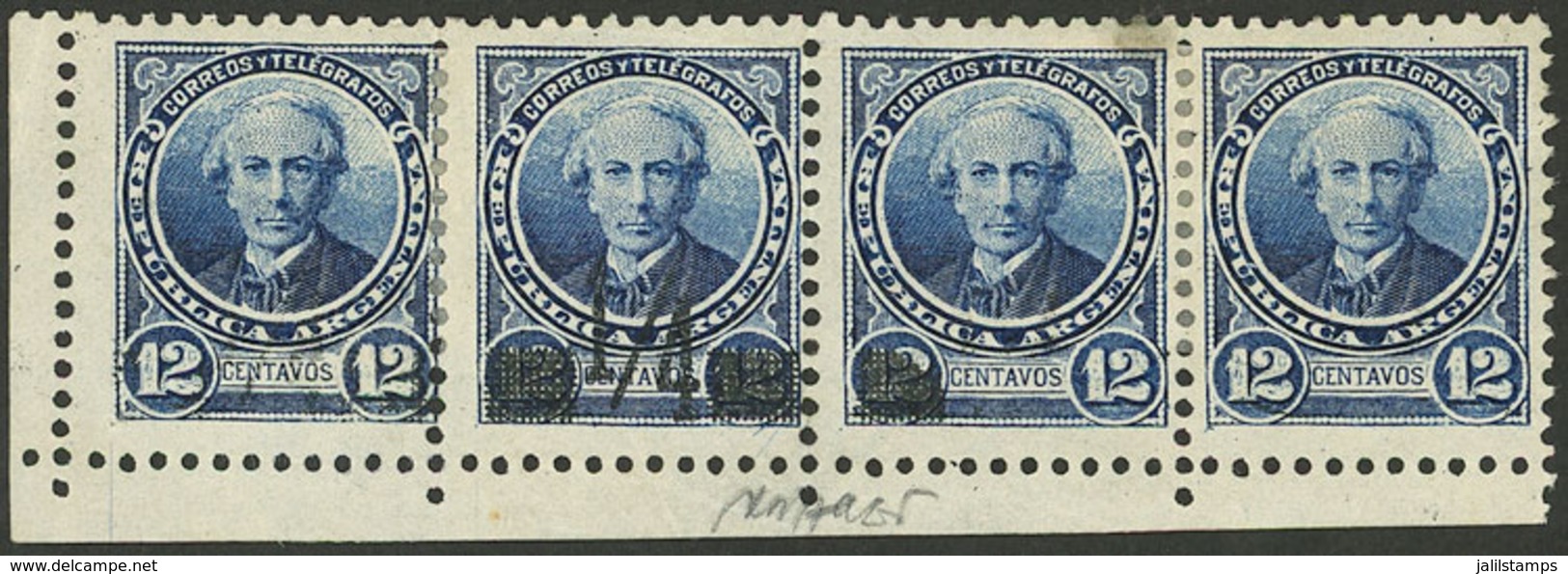ARGENTINA: GJ.133e, 1890 Provisional Of ¼c., Strip Of 4, The First Stamp WITHOUT Overprint, The 2nd One Normal, The Next - Nuevos