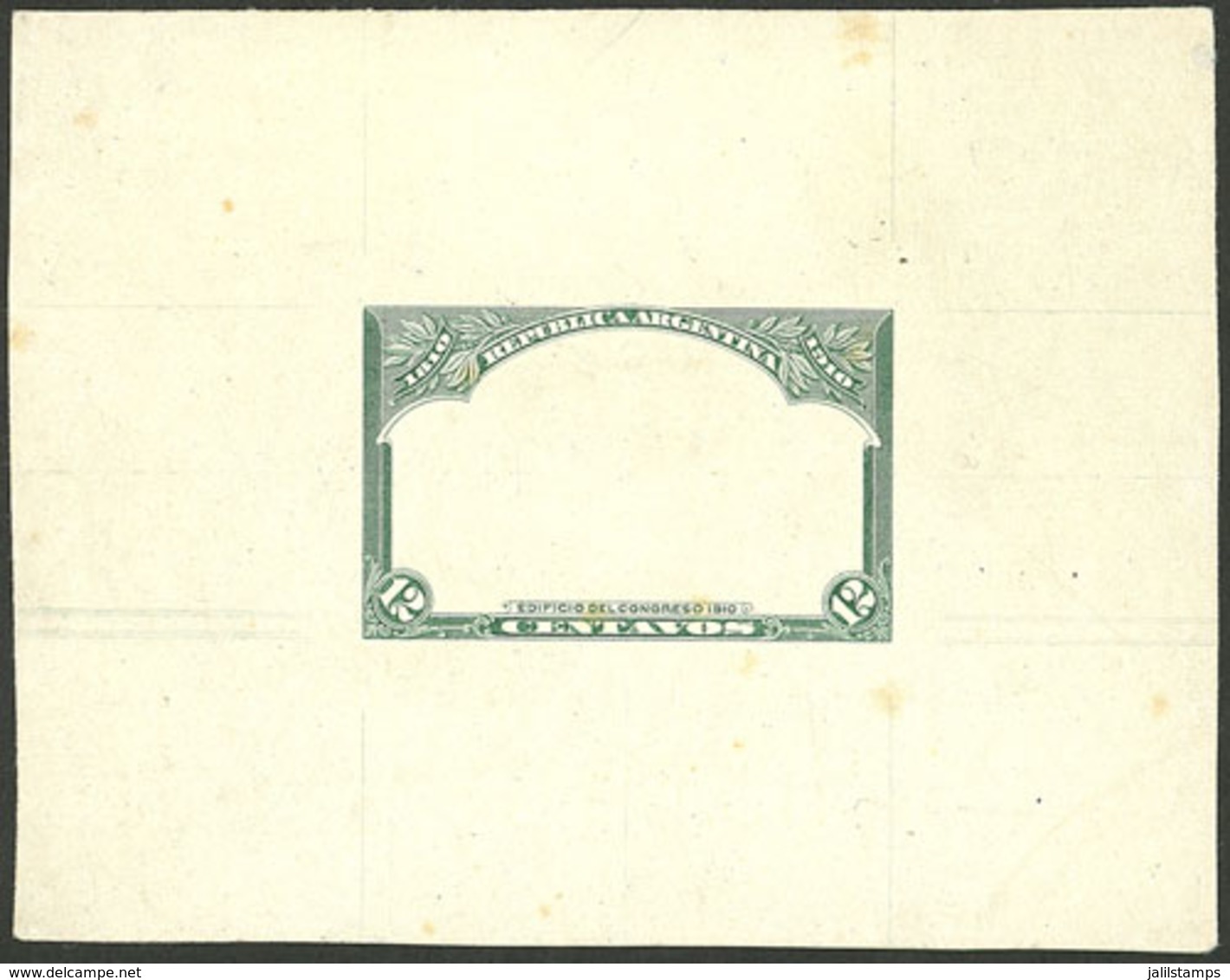 ARGENTINA: GJ.307, 12c. National Congress, Proof Of The Frame In Green On Paper Of Glazed Front, Adopted Design, VF Qual - Nuovi