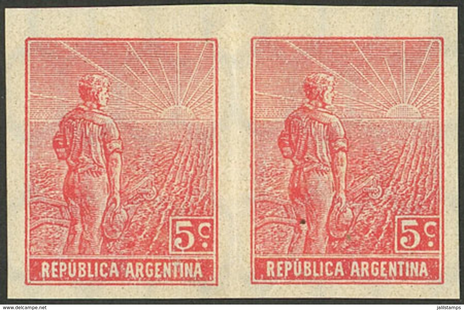 ARGENTINA: GJ.342P, 1912 5c. Plowman, IMPERFORATE PAIR, VF And Rare! - Nuovi