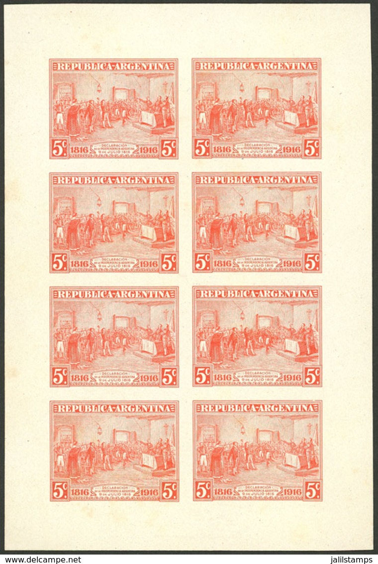 ARGENTINA: GJ.403, 1916 5c. Centenary Of Independence, PROOF In The Issued Color, Imperforate Mini-sheet Of 8, Printed O - Unused Stamps