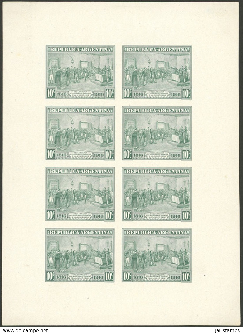 ARGENTINA: GJ.404, 1916 5c. Centenary Of Independence, PROOF In The Issued Color, Imperforate Mini-sheet Of 8, Printed O - Unused Stamps