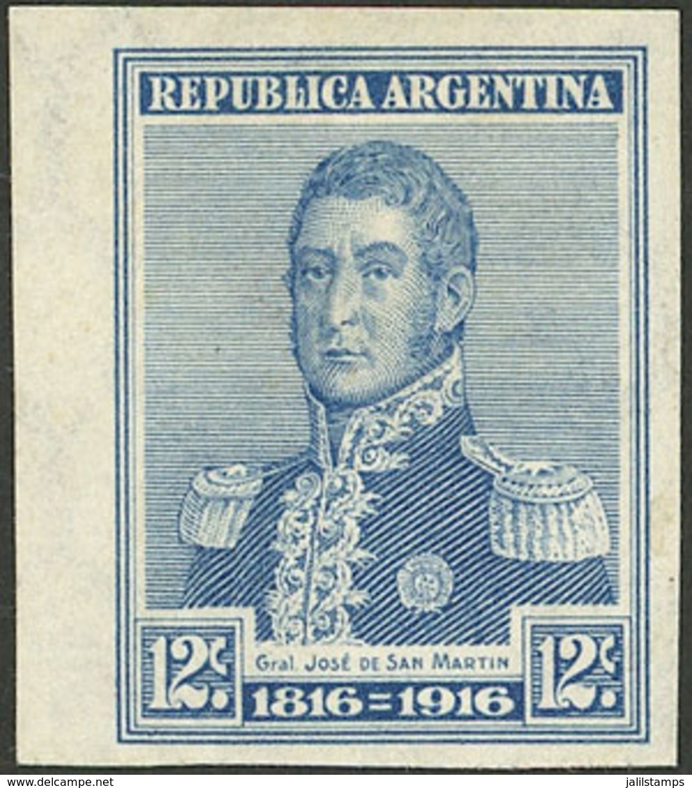 ARGENTINA: GJ.405P, 1916 12c. San Martín With VERTICAL Honeycomb Wmk And IMPERFORATE, With Left Sheet Margin, Excellent  - Unused Stamps