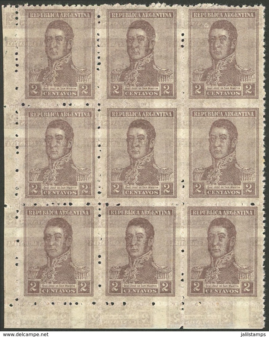 ARGENTINA: GJ.444a, 1917 2c. San Martín With DOUBLE IMPRESSION Variety, Fantastic MNH Block Of 9 (+50%), Superb And Spec - Unused Stamps