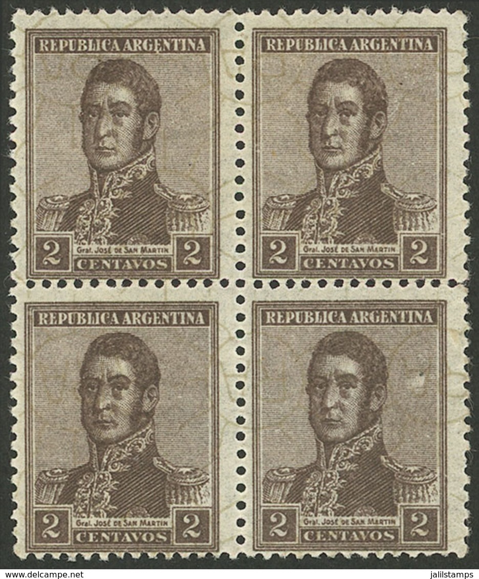 ARGENTINA: GJ.559a, 1922 2c. San Martín, Block Of 4 With INVERTED Watermark Printed On Front, Perf 13½x12½, MNH (+50%),  - Nuevos