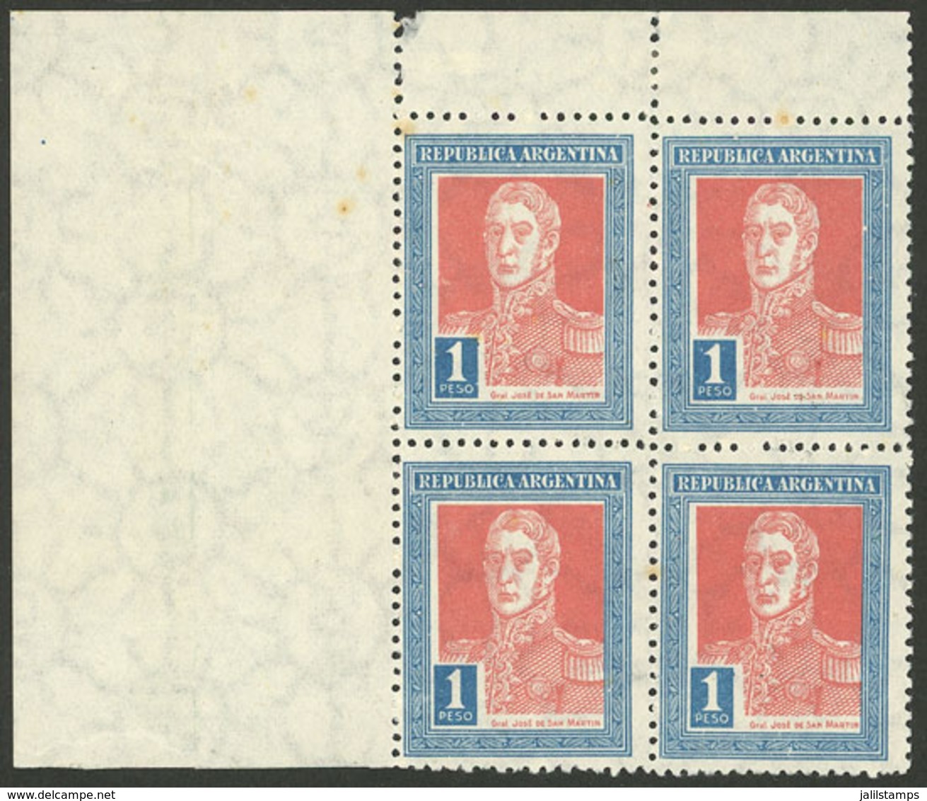 ARGENTINA: GJ.586, 1P. San Martín With Sun Wmk, Corner Block Of 4 Printed On VERY RARE VERY THIN PAPER (80 Microns), Spe - Unused Stamps