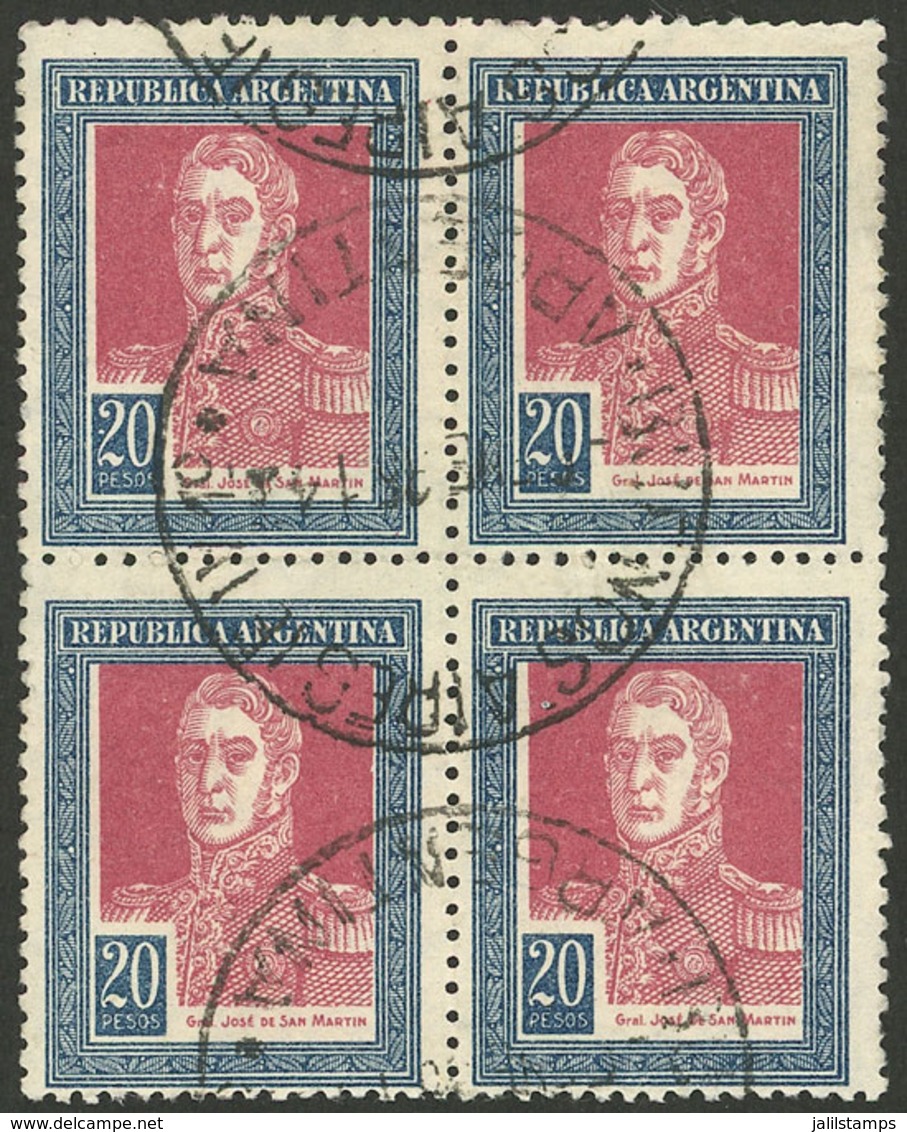 ARGENTINA: GJ.589, 1923 20P. San Martín With Sun Wmk, Fantastic Block Of 4 Postally Used With Datestamp Of Buenos Aires, - Unused Stamps