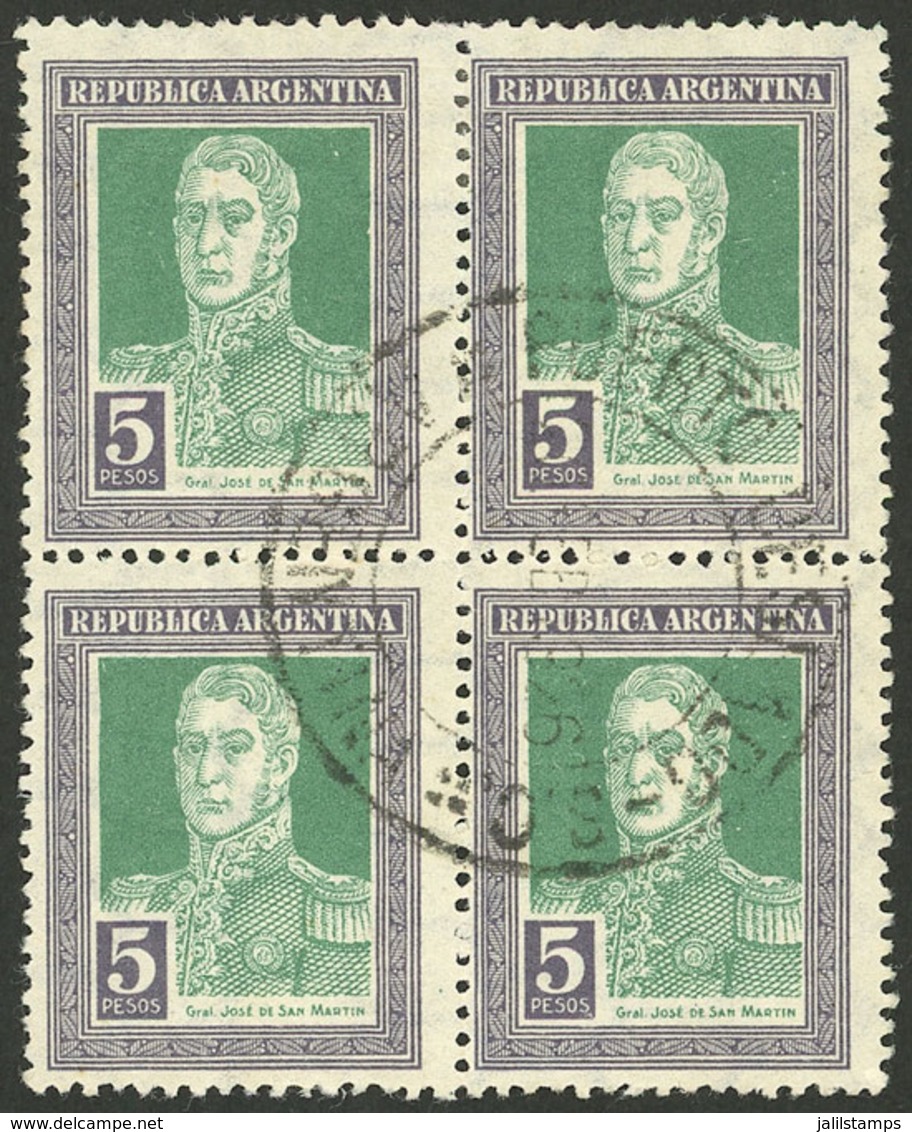 ARGENTINA: GJ.591, 1923 San Martín 5P. With Honeycomb Wmk, Postally Used Block Of 4, With Double Circle Cancel Of PUERTO - Ongebruikt